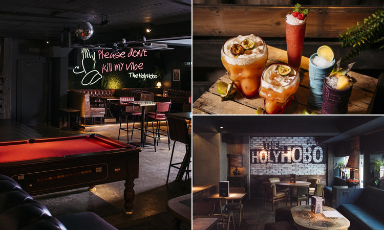 Three tiled images of Holy Hobo, Jesmond - including one of the interior, one of some colourful cocktails and one of a wall with The Holy Hobo on it