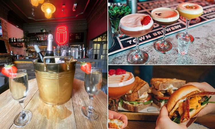 Three tiled images of Jam Jar, including prosecco, cocktails, and a burger.
