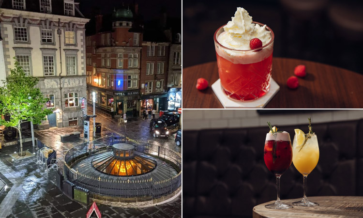 Three tiled images of WC, Newcastle - including one of the outside, one of a cocktail with raspberries and cream and one of two colourful cocktails