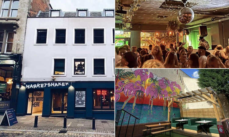 Three tiled images of Revolución de Cuba- including one of the outside, one of the inside with a glittery disco ball and another of the beer garden with a pretty flamingo design