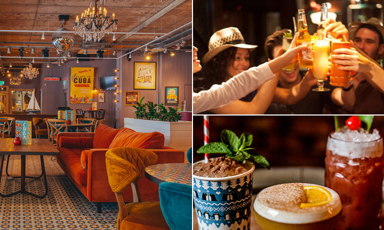Three tiled images of Revolución de Cuba- including one of people toasting with cocktails, one of colourful comfy sofas and another of fruity cocktails