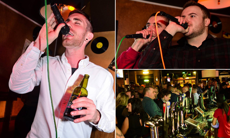 Three tiled images - including men doing karaoke and the bar area img class=