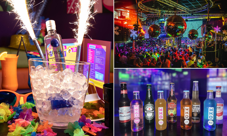 Three tiled images of Pop World, Newcastle - including vodka and sparkers, the dancfloor, and bottles of alcohol