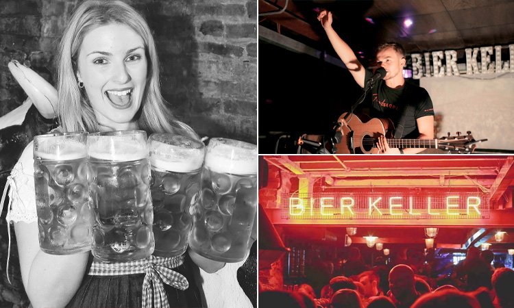 Three tiled images of the Bier Keller, Newcastle - including a waitress holding steins, a singer performing, and a crowded bar