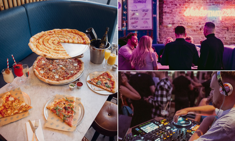 Three tiled images of Twenty Twenty, Newcastle - including pizza and drinks on a table, customers enjoying their night, and a DJ performing