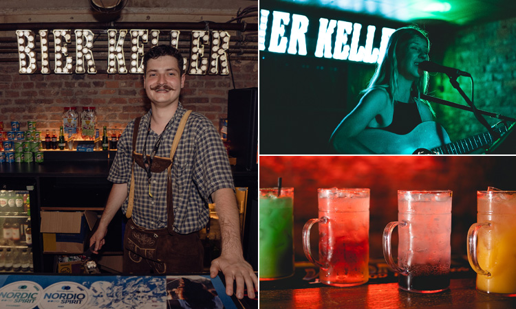 Three tiled images of the Bier Keller, Newcastle - including a bartender behind the bar, a live singer performing, and cocktail steins