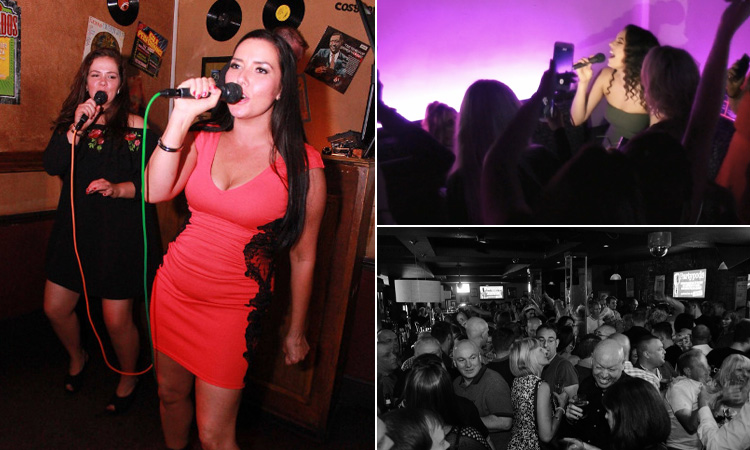 Three tiled images - including one of a woman singing into a mic, a party pod, and the crowded bar area