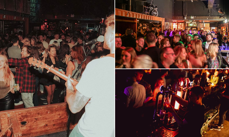 Three tiled images of Filthy's, Newcastle - including a singer perfoming, a bartender pouring a pint, and guests enjoying the night
