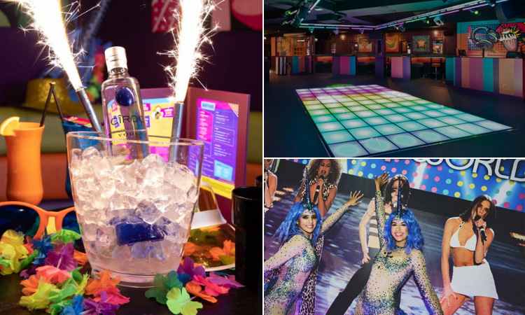 Three tiled images of Pop World, Newcastle - including one of a bottle of vodka with sparklers. the dancefloor, and some dancers posing