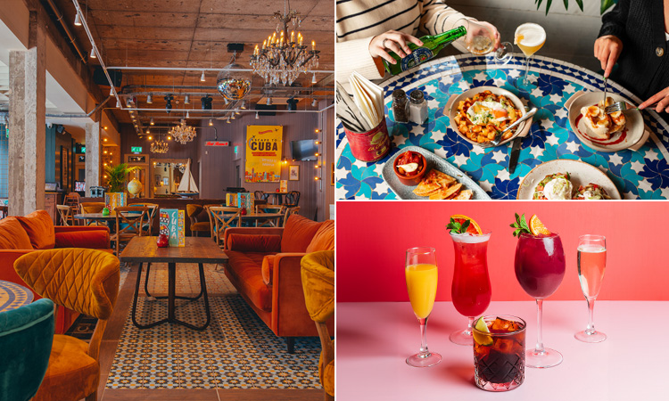 Three tiled images of the inside of Revolucion de Cuba, a table with sharing plates and some colourful drinks
