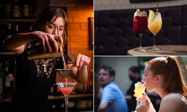Three tiled images of WC Newcastle, including a female bartender making a cocktail, two cocktails and a woman drinking a cocktail