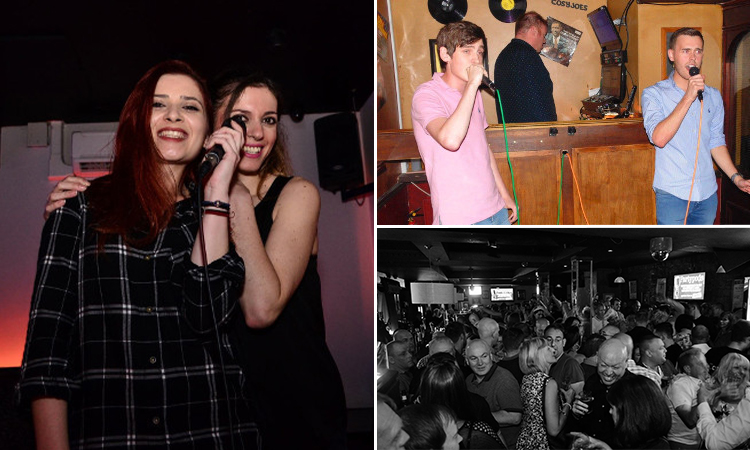 Three tiled images of Cosy Joes, including images of various people singing karaoke and the buzzing bar area that is packed with party goers