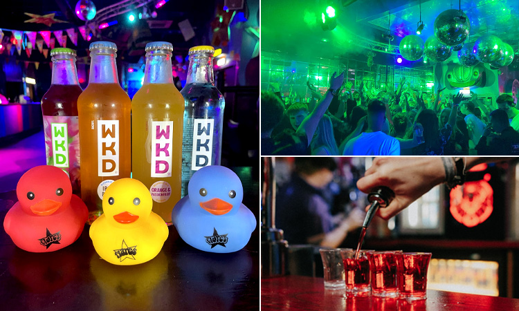 Three tiled images, including Flare's logo, a tble with drinks and a dance floor