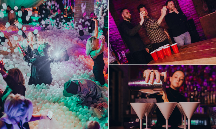 Three tiled images of Howlers - including people in the ballpit, men playing beer pong, and a bartender pouring cocktails