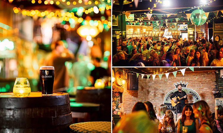 Three tiled images, including a pint of Guinness sitting on a beer barrel, a group of party goers at Katie O'Brien's