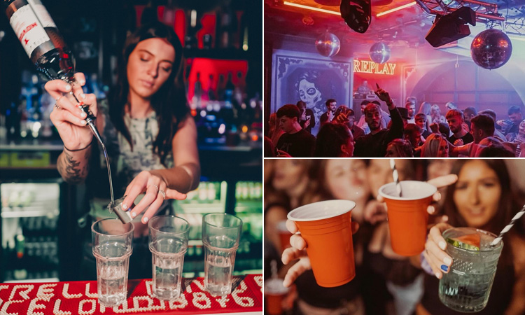 Three tiled images, including Mimo's logo, people in the bar area and a DJ