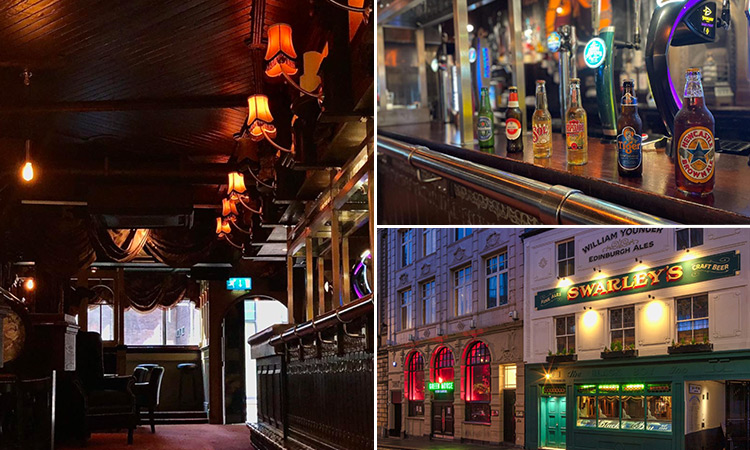 Three tiled images of Swarley's including the exterior of the pub and the bar area
