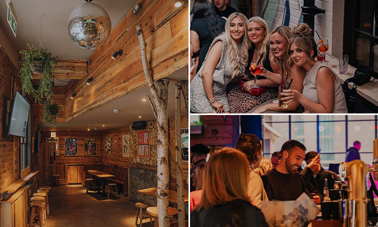 Three tiled images of The Prince - including the inside of the venue which has wooden panelling and disco balls and a group of women posing with some drinks