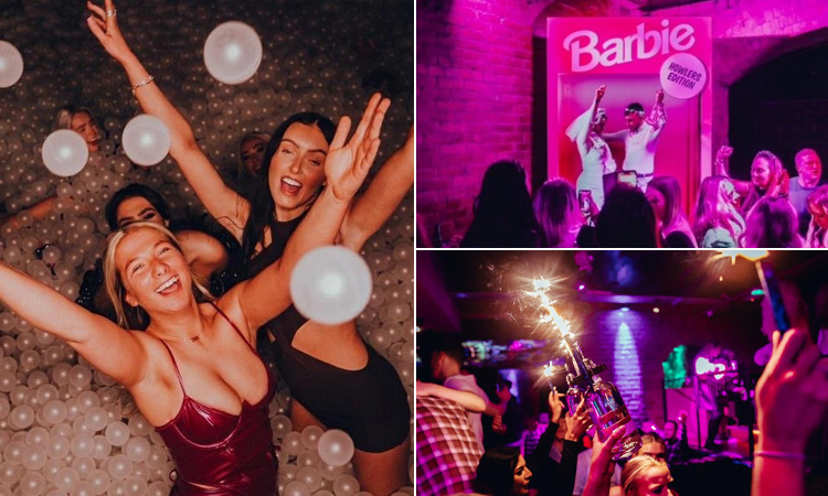 Three tiled images, including girls in the ballpit at Howlers, sparklers in drinks, and a photo opportunity