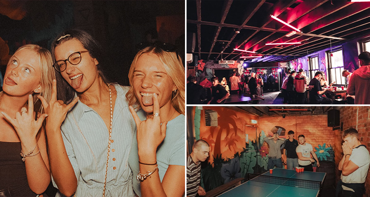 Three tiled images of Mimo including three women posing doing the rock n roll sign, the inside of Mimo and several people playing beer pong