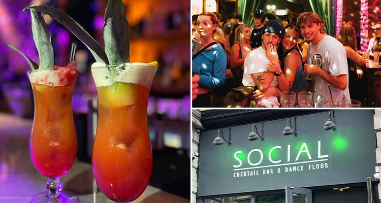 Three tiled images of Social Bar including two tropical looking cocktails, partygoers enjoying a drink and the exterior of Social Bar that reads Social Cocktial Bar & Dance Floor