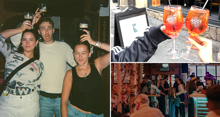 Three tiled images of The Prince including 3 people resting pints on their heads, two people clinking Aperol spritz glasses and the interior of The Prince which has wooden panneling
