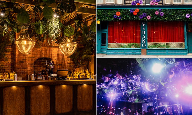 Three tiled images, including a bar inside Verano, the exterior, and discoballs on the ceiling.