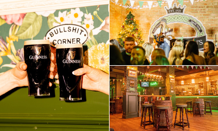 Three tiled images, including two pints of Guinness, a female singer with a guitar performing to a crowd and the inside Katie o Briens