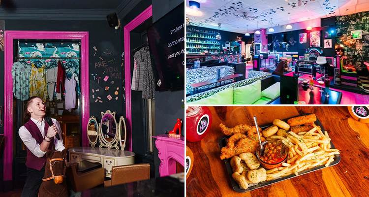 Three tiled images of Mad House including someone singing into a microphone, a bar area with patterned sofas and a plate of food including chicken nuggets, chips, beans and chicken dinosaurs