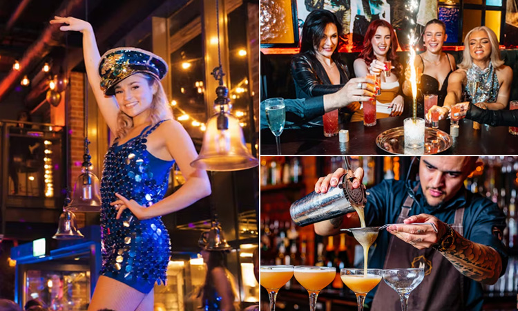 Three tiled images, including a woman dressed in a sparkly blue dress and hat, a group of women having shots and a bartender making cocktails