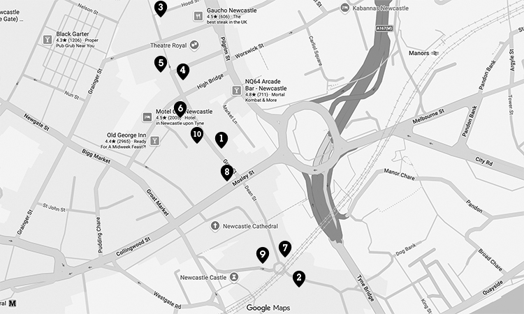 Black numbered points of bars on a grey map of Grey and Dean Street, Newcastle