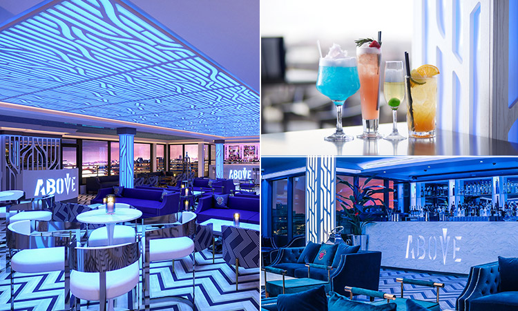 Three tiled images of Above, including pictures of the bar itself and a colourful selection of cocktails