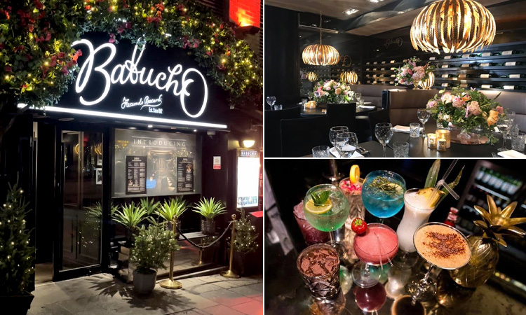 Three tiled images of Babucho - including the exterior, the interior, and some cocktails