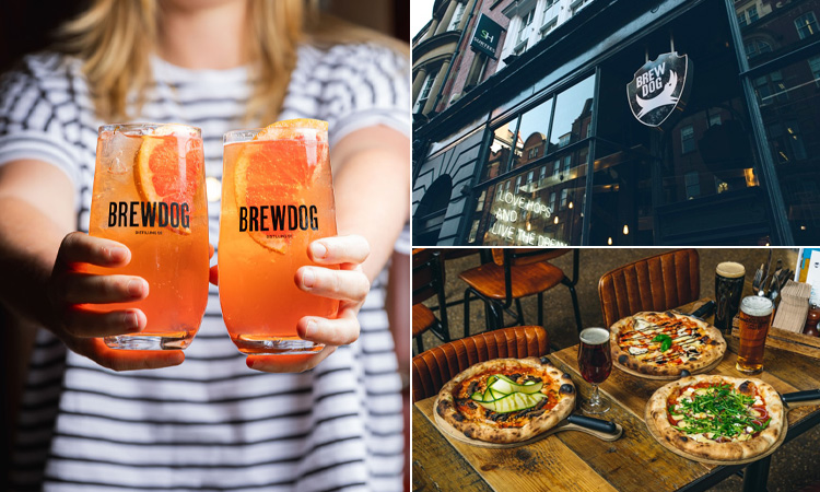 Three tiled images of BrewDog, Newcastle - including a bartender holding two drinks, the exterior, and some pizzas