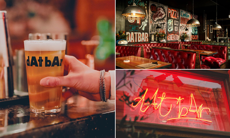 Three tiled images of dAt Bar, Newcastle - including a pint of beer, the seating area, and a neon sign