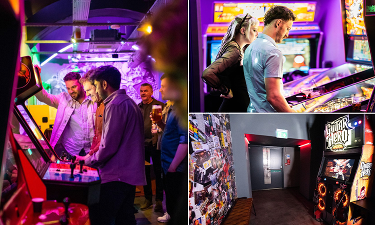 Three tiled images of Four Quarters, that show different arcade games such as Guitar Hero and pinball