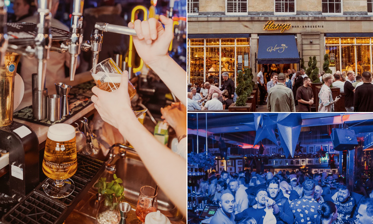 Three tiled images of Harry's Newcastle - including a bartender pulling pints, the exterior, and crowds on the dancefloor