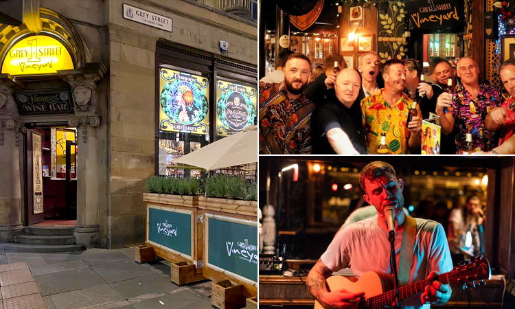 Three tiled images of Vineyard Wine Bar - including the exterior, a group at the bar, and a live singer