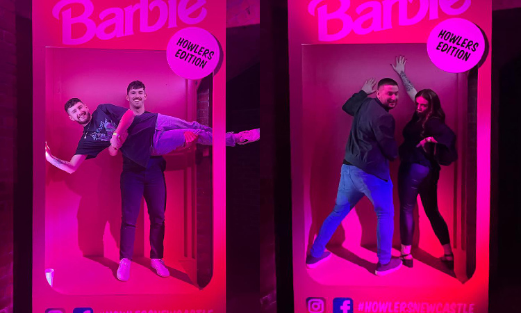 Two photos of people posing in a huge barbie box
