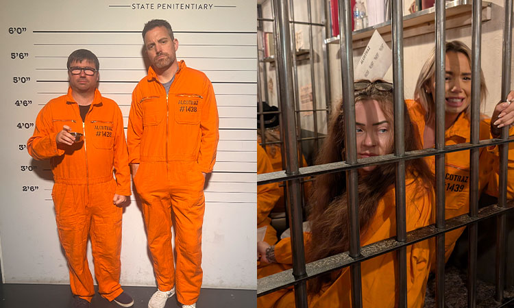 Two photos of Team LNOF at Alcotraz in Bristol, one of two men in front of a height wall and one of two women behind bars. 