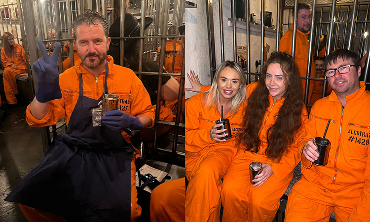 Two photos of Team LNOF at Alcotraz in Bristol, one of a man dressed as a janitor and one of three people in a cell. 