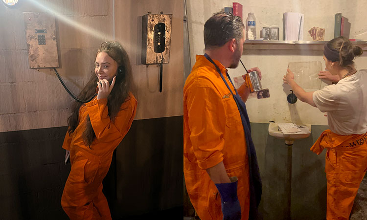 Two photos of Team LNOF at Alcotraz in Bristol, one of a woman using a wired phone and one of a man and woman looking at a wall. 