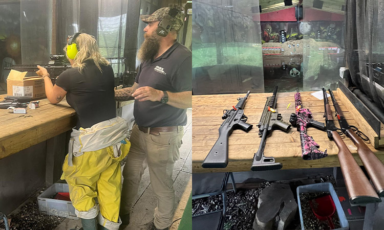 Two photos of assault rifle shooting, one or a women aiming a gun towards and shooting range and one of an array of guns on a table. 