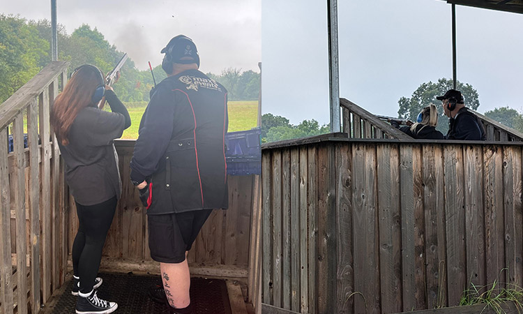 Two photos of women aim shotguns at clay pigeons at Max Events in Bristol. 