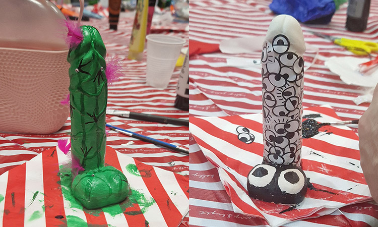 A penis painted as a cactus and a penis covered in eye stickers