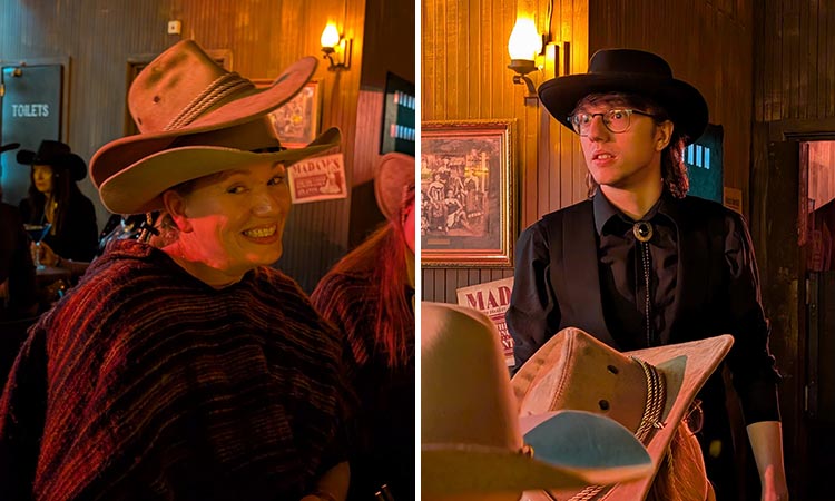 Two photos of Team LNOF at Moonshine Saloon in Liverpool one of Emma wearing two cowboy hats and one of a man dressed as a cowboy 