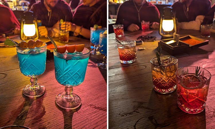 Two photos... one of a couple of blue cocktails and one of a couple of red cocktails