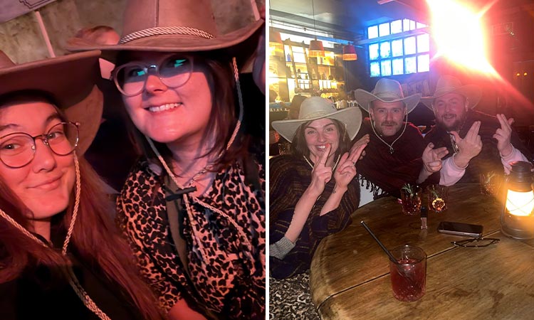 Two photos of Team LNOF at Moonshine Saloon in Liverpool, one of Beth and Hannah wearing cowboy hats and one of Jade, Adam and Drew doing finger guns 