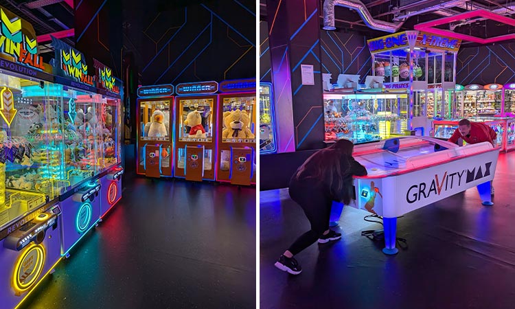 Two images of Gravity Max arcade in Liverpool, one of lots of crane machines games and one of Christie and Adam playing air hockey