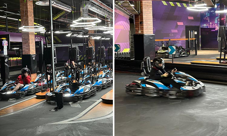 Two photos of Team LNOF go karting at Gravity Max in Liverpool, one of them lining up ready to race and one of Phoebe racing